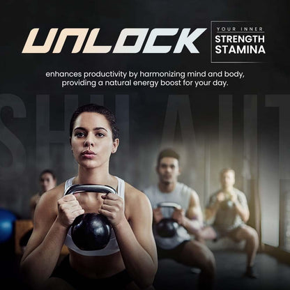 Person lifting a kettlebell with text about enhancing productivity and energy boost in a gym setting