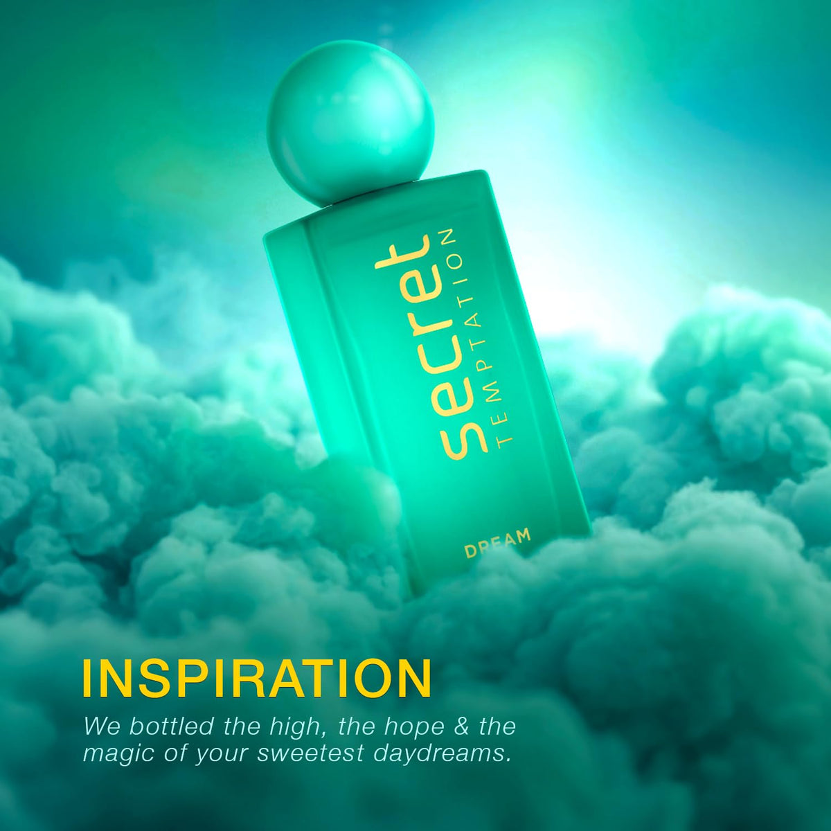 Green perfume bottle labeled 'Secret Temptation' on a cloud-like background with text about inspiration.
