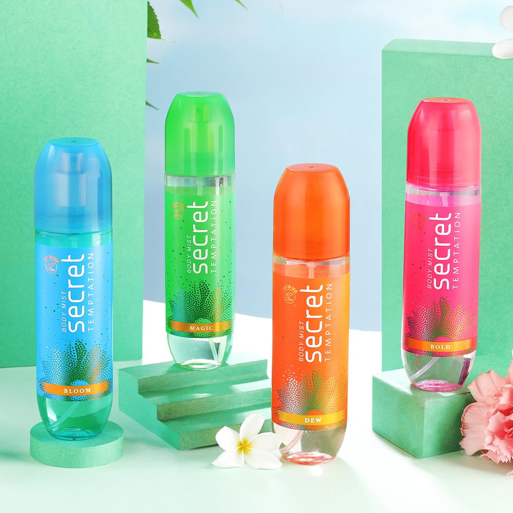 Four colorful bottles of Secret deodorant on a light green background with flowers.