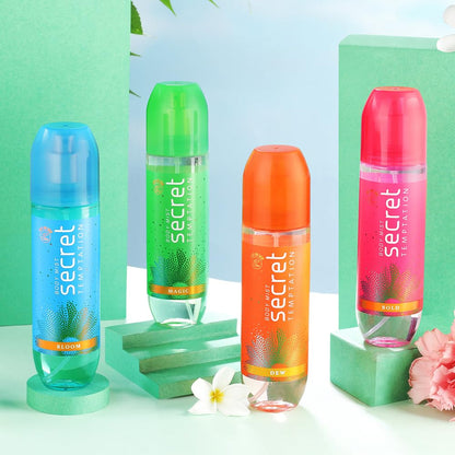 Four colorful bottles of Secret deodorant on a light green background with flowers.