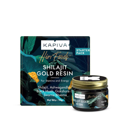 Kapiva Shilajit Gold Resin packaging with a jar on a white background