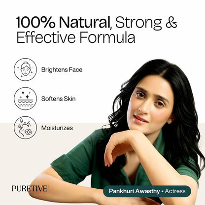 Woman with text about a natural skincare formula and actress endorsement.