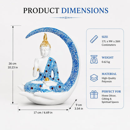10 Inch 3D Resin Meditating Buddha Statue with Blue Crescent Moon | Lucky Buddha Idol for Home Decor, Living Room, Office Desk & Spiritual Gift Item