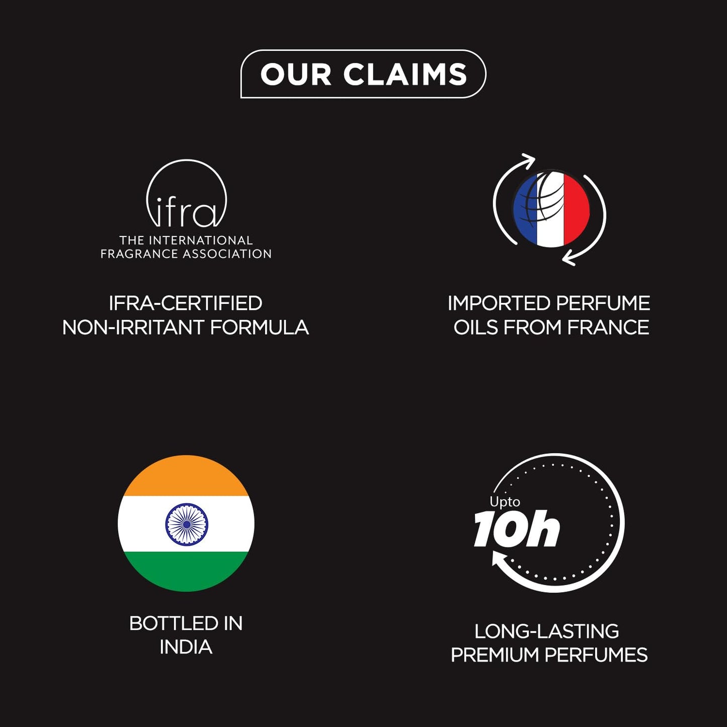 List of product claims with corresponding logos and text on a black background