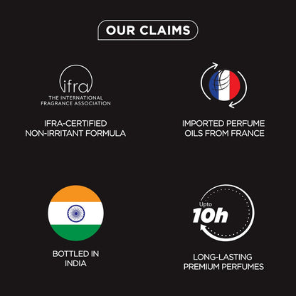 List of product claims with corresponding logos and text on a black background