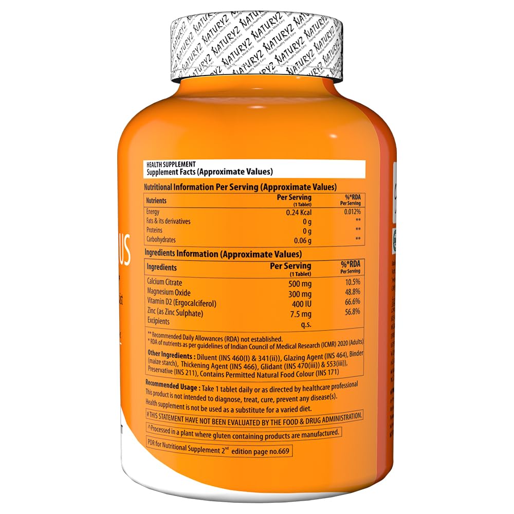 Naturyz Calcium Plus with Calcium Citrate, Vitamin D, Magnesium and Zinc Ideal Supplement for Bone Health & Joint Support of Men & Women - 120 Tablets