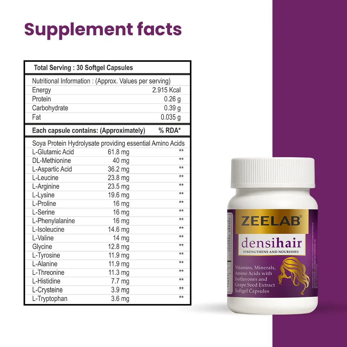 Supplement facts label and Zeelab densihair supplement bottle on a white background