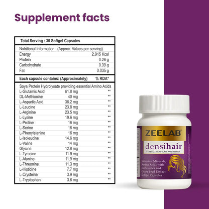 Supplement facts label and Zeelab densihair supplement bottle on a white background