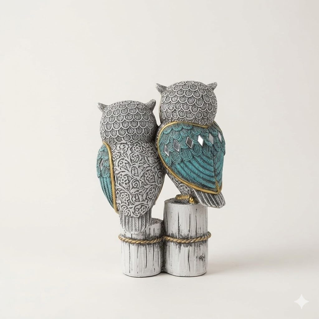 Owl Couple Figurine | Resin | Intricate Pattern Design | Tabletop Showpiece for Home, Office & Bedroom (Blue-White)