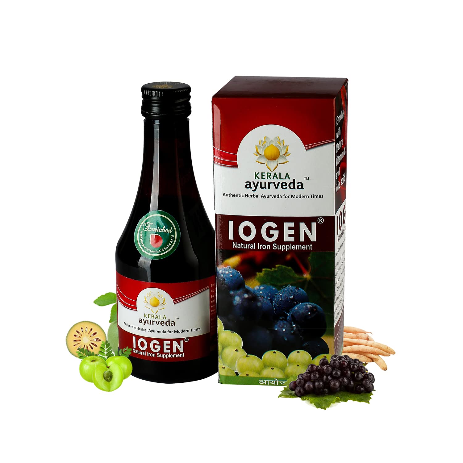 Kerala阿育吠陀 Iogen 自然铁补充剂及其包装盒，周围有水果和草药。