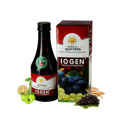 Kerala阿育吠陀 Iogen 自然铁补充剂及其包装盒，周围有水果和草药。