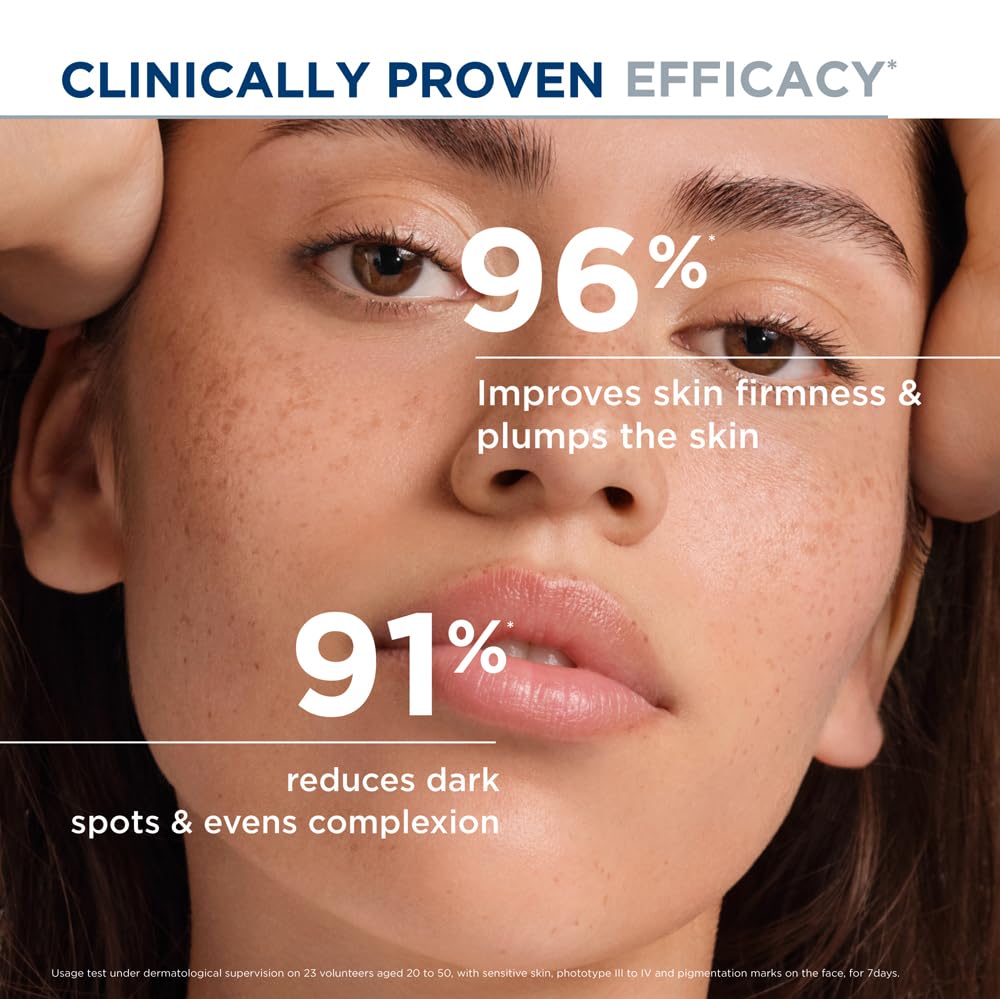 Close-up of a woman's face with text highlighting skincare product efficacy