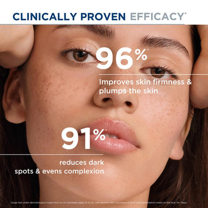 Close-up of a woman's face with text highlighting skincare product efficacy