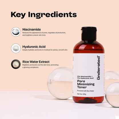 Underated 3% Niacinamide Face Toner with 1% Hyaluronic Acid & Rice Water | Toner for Oily & Acne Prone Skin | Glowing Skin & Hydration | For Women & Men | 200 g