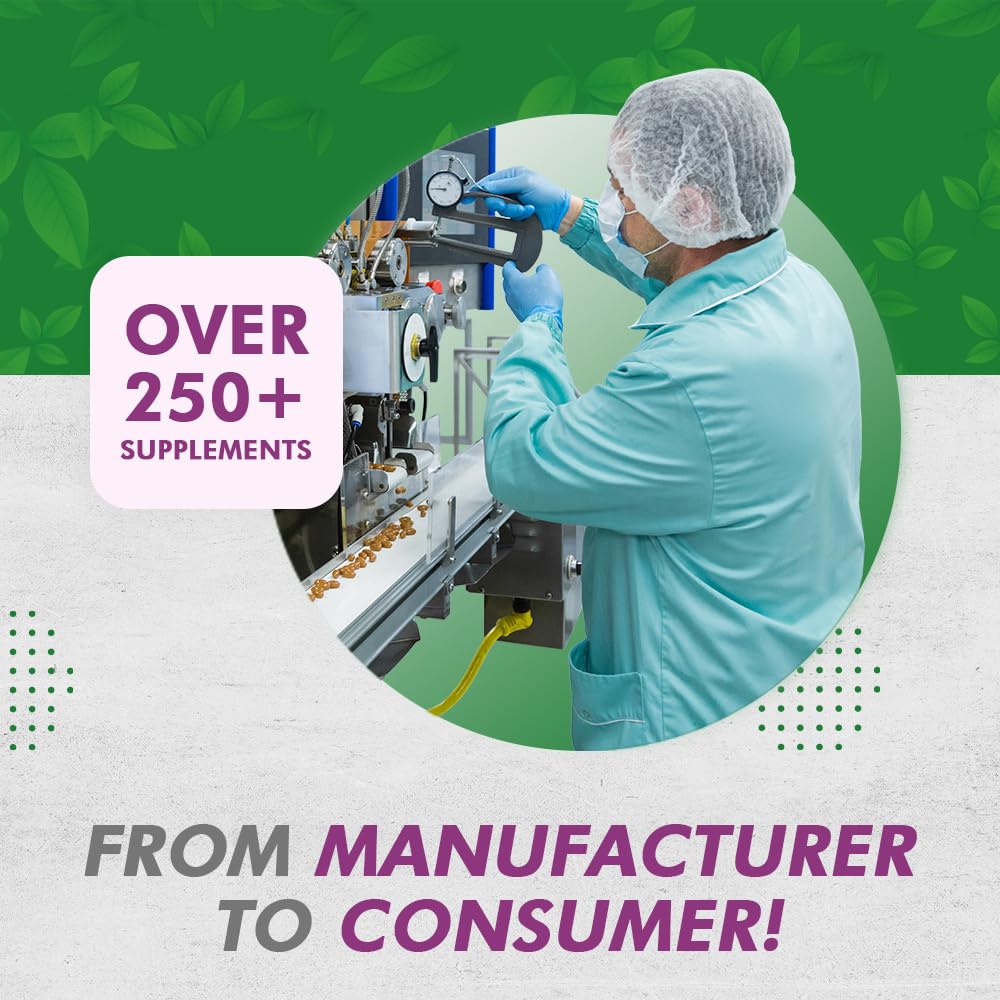 Person in a manufacturing setting with text about supplements and branding.