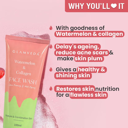 Glamveda Watermelon & Collagen Face Wash | Anti Ageing Face Wash For Glowing Skin, Reduces Fine Lines, Wrinkles & Skin Dullness, Removes Excess Oil & Dirt | All Skin Types |For Women & Men| 100ml