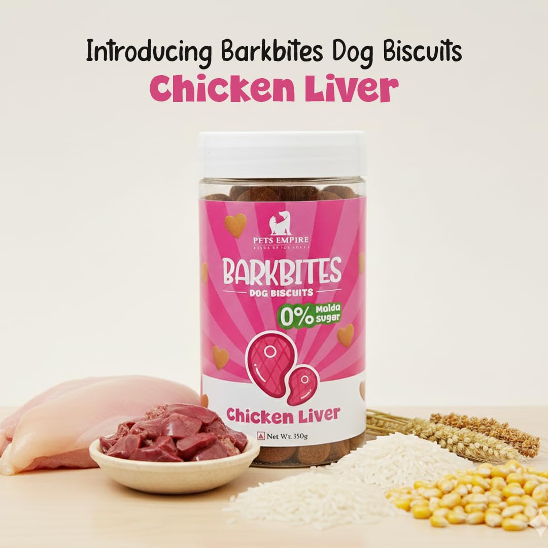 PETS EMPIRE BARKBITES Chicken Liver Biscuit Jar for Dogs 350g – Healthy Dog Treats with No Maida, No Sugar, No Salt – Crunchy & Nutritious Biscuits for Training and Rewards