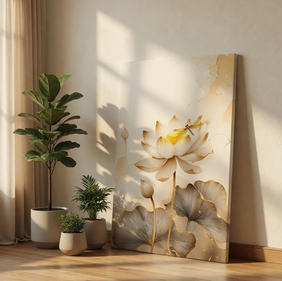 White Lotus Gold Dragonfly Canvas Art (30 x 20 Inch)