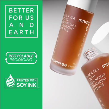 Innisfree Black Tea Youth Enhancing Treatment Essence bottles with green label highlighting sustainability features.