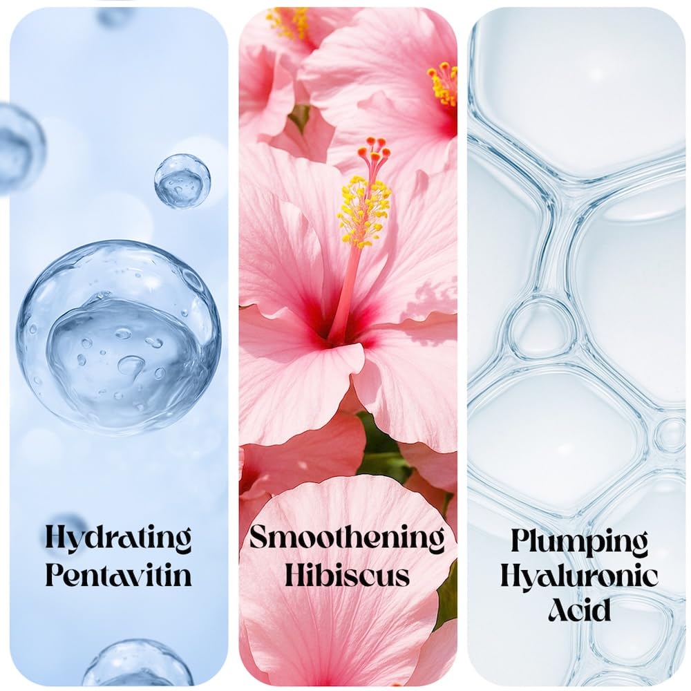 Three skincare product panels with hydrating pentavitin, smoothing hibiscus, and plumping hyaluronic acid text.