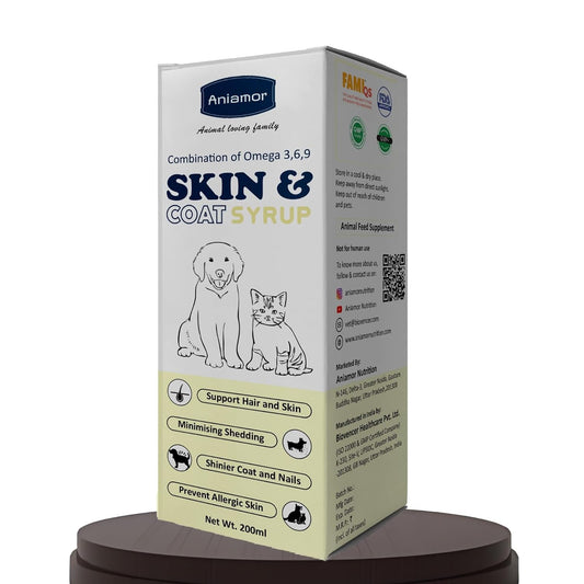 Aniamor Skin and Coat Syrup for Dogs & Cats | Omega 3 for Dogs | Helps in Smooth and Shiny Skin & Coat | Omega 369 for Dogs | Dog Supplement | All Life Stages | Chicken Flavour | 200ml Bottle