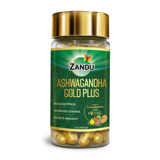 Zandu Ashwagandha Gold Plus Capsules | Upgrade your Ashwagandha with the goodness of Gold | Reduces Stress, Boosts Immunity & Stamina | 60 capsules I 11 Potent ingredients such as Gokshura, Safed Musali and more