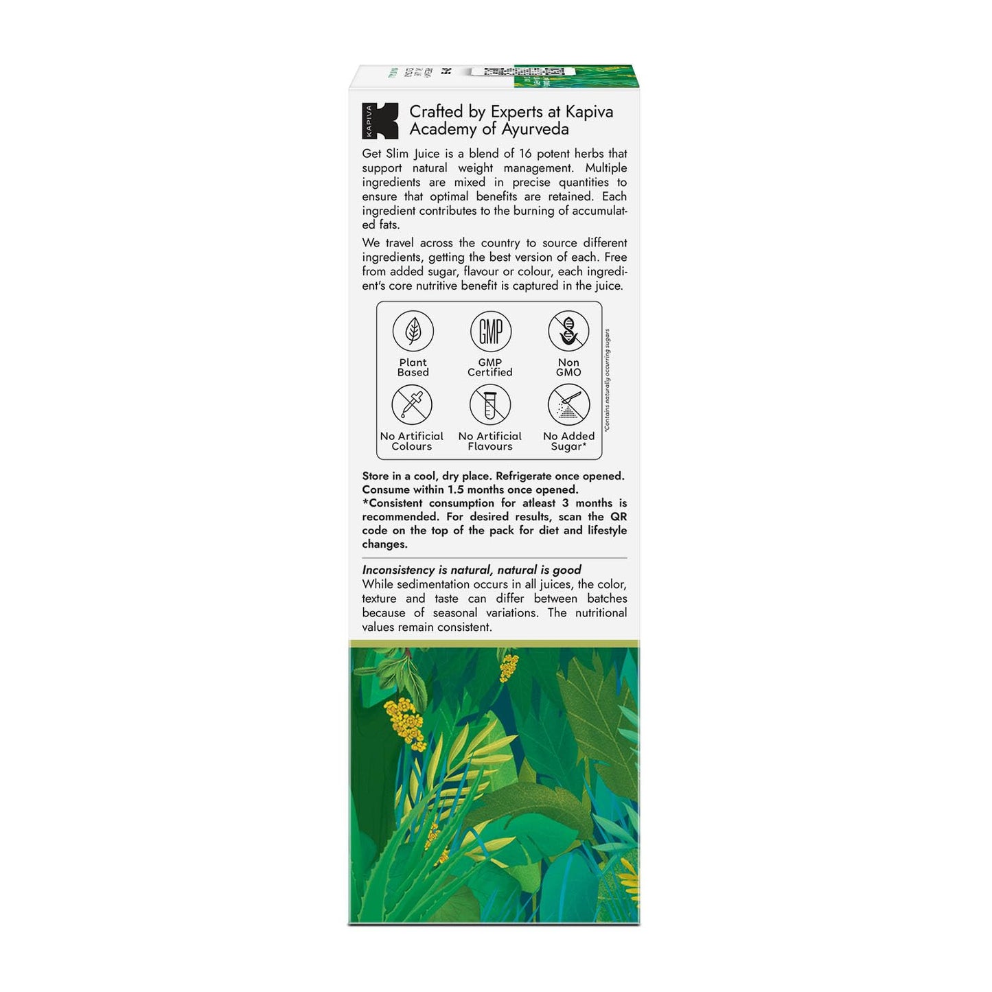 Back of a green juice packaging with text and leaf design on a white background