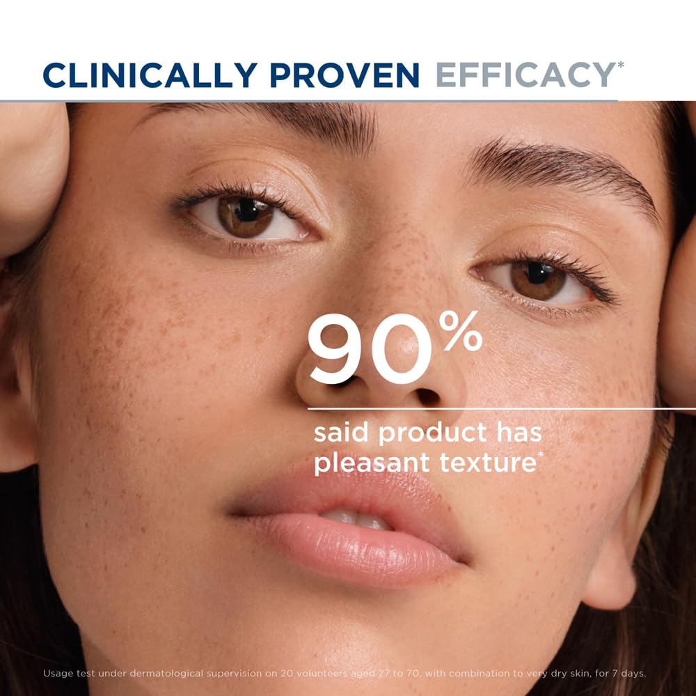 Close-up of a person's face with text indicating clinical proven efficacy and product texture.