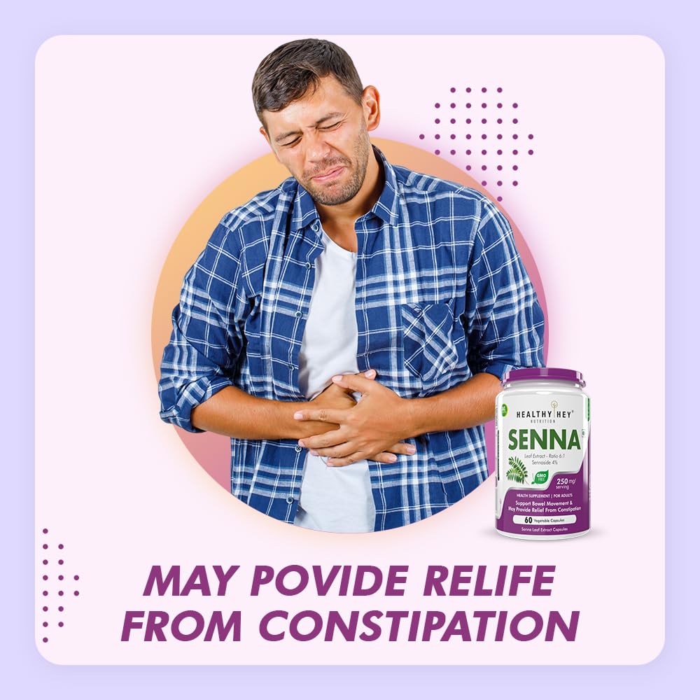Man with constipation holding his stomach next to a bottle of Senna, with text about constipation relief on a light purple background.