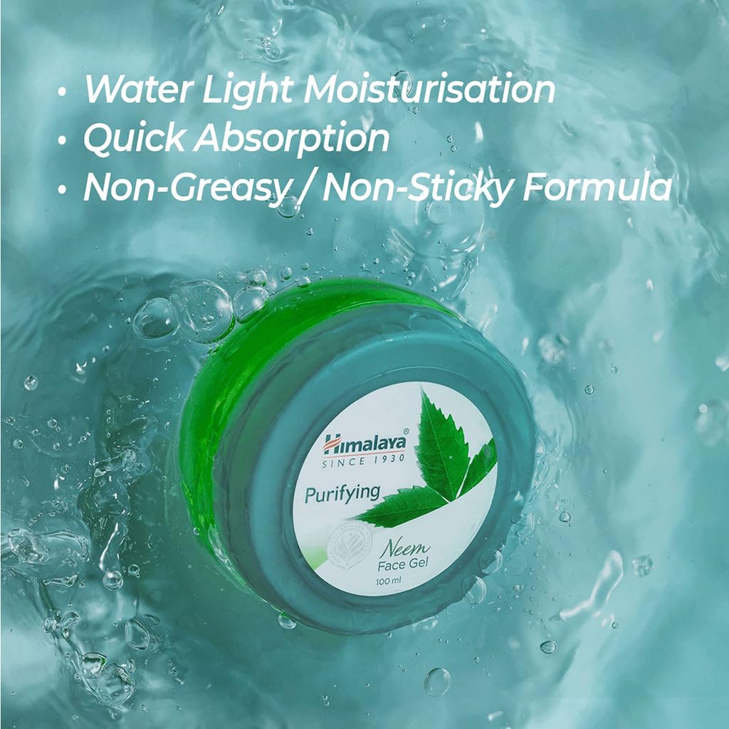 Himalaya Purifying Neem Face Gel container with water droplets and product benefits text.
