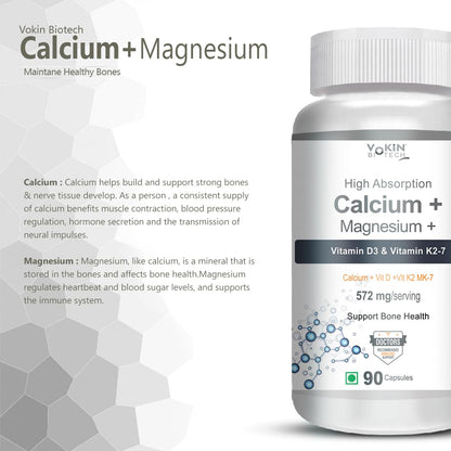 Vokin Biotech Calcium + Magnesium supplement bottle with text on a white background