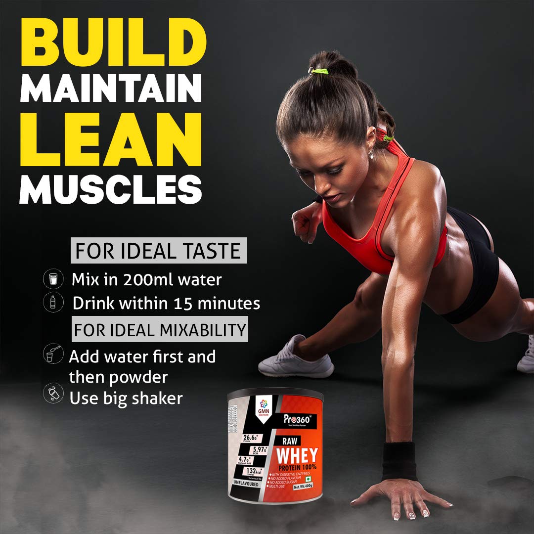 Pro360 Raw Whey Protein 100% - Unflavored - 400gm (100% Whey with Digestive Enzymes, 26.6g Protein, 5.97g BCAA, 4.7g Glutamic Acid per Serving)