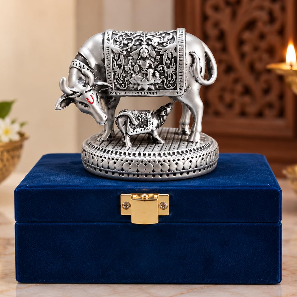 Gold Art India Kamdhenu Cow with Calf Idol | 999 Silver Plated | Antique Matte Finish | Premium Peacock Green Velvet Gift Box | Sacred Gau MATA Vastu Idol for Home Temple, Office & Spiritual Gifting
