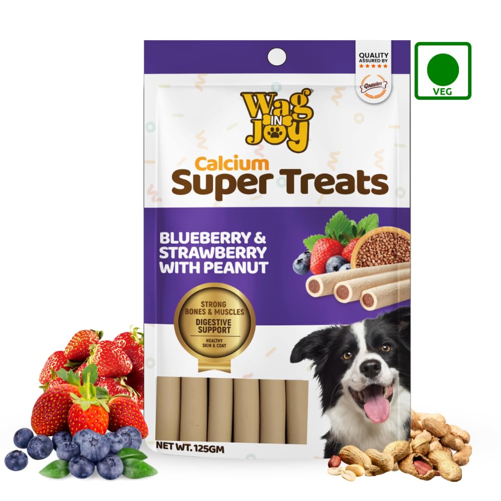 WAG IN JOY Calcium Super Treats Sticks 125 GMS | 100% Vegetarian Dog Treat|| Strong Bones and Joint| with Omega 3| Dog Food| Pack of 1|Blueberry & Strawberry with Peanuts|,Young