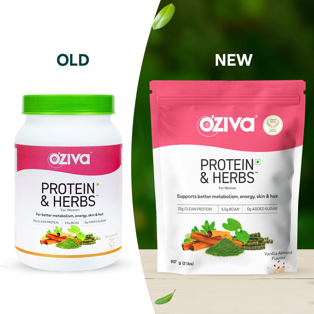 OZiva Protein & Herbs for Women (Vanilla Almond) I Manage Weight, Energy & Metabolism | Clean Protein, Shatavari, Green Tea I No Added Sugar, 2lbs (907gm)