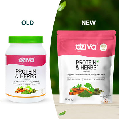 OZiva Protein & Herbs for Women (Vanilla Almond) I Manage Weight, Energy & Metabolism | Clean Protein, Shatavari, Green Tea I No Added Sugar, 2lbs (907gm)