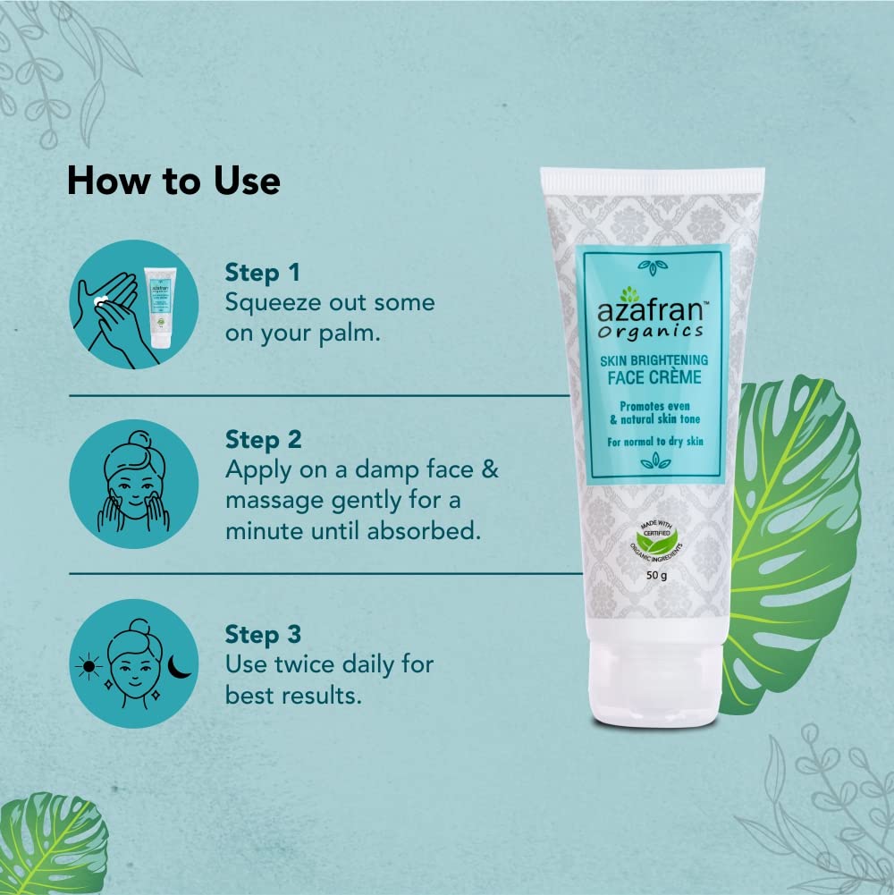 Azafran Organics Skin Brightening and Lightening Face Cream, For Normal and Dry Skin, With Vitamin B3, Soya Butter, Coconut Oil, Evens Out Skin Tones, Restores Youthful Glow. 50g