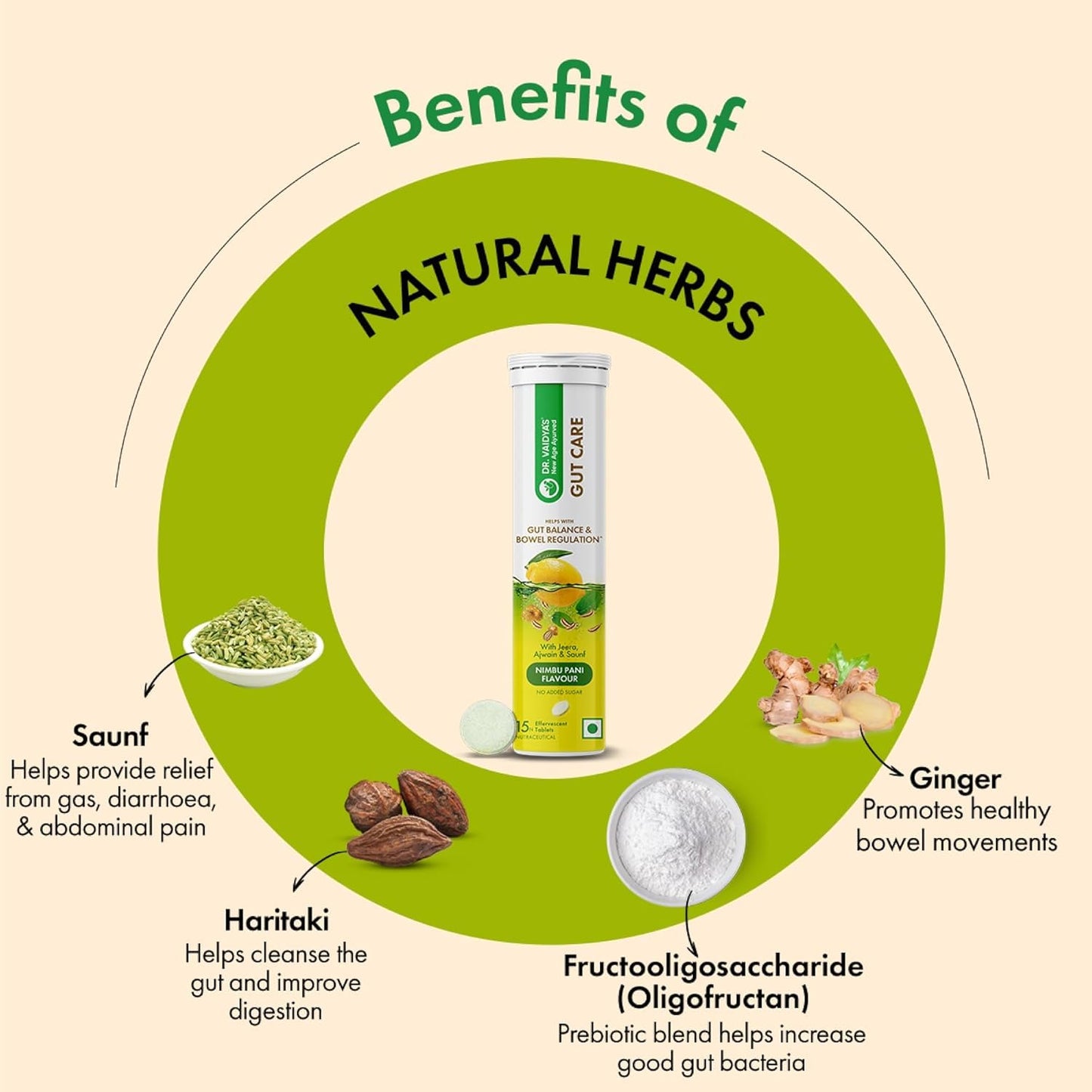 Dr. Vaidya’s Gut Care Effervescent Tablets | Helps reduce bloating & acidity, improves digestion, promotes gut health & regulates Bowel movement | Jeera, Ajwain, Saunf | Prebiotic & Probiotic Blend with healthy gut microbiome 15 Tablets