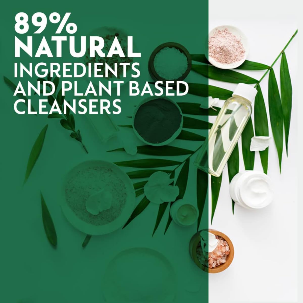 Product display with natural ingredients and plant-based cleansers on a green and white background.