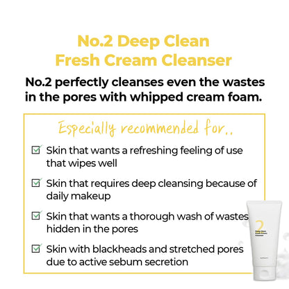 numbuzin No.2 Deep Clean Fresh Cream Cleanser, 4.05oz/ 120ml | Whipped cream foam, Deep Pore Cleansing, Natural cleaning ingredient, Moisturizing