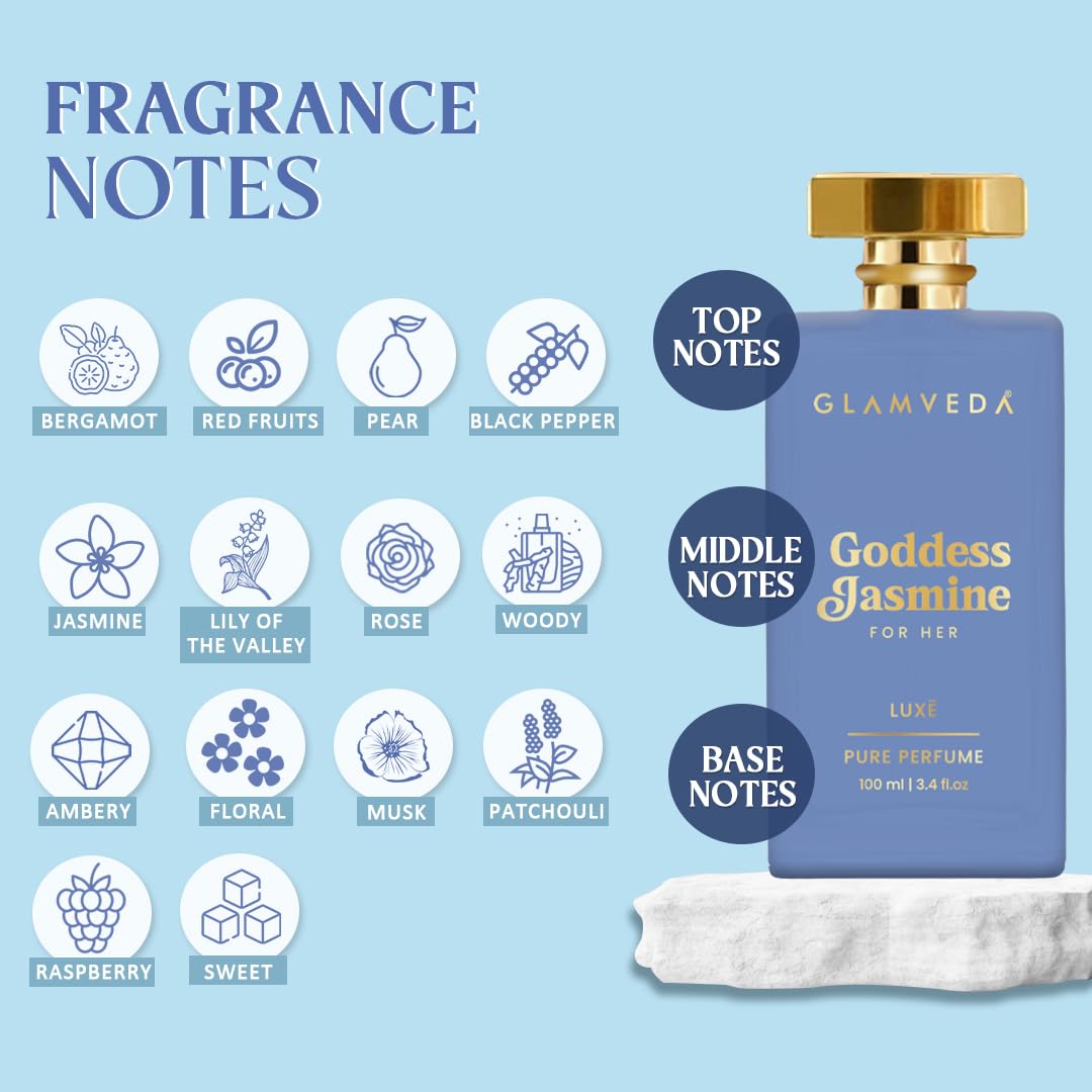 Glamveda Luxury Goddess Jasmine Long Lasting | Perfume for Woman 100ml | Gifts for Woman | with Pear, Jasmine, Lily of the valley, Rose | Floral, Woody & Fruity Premium Fragrance