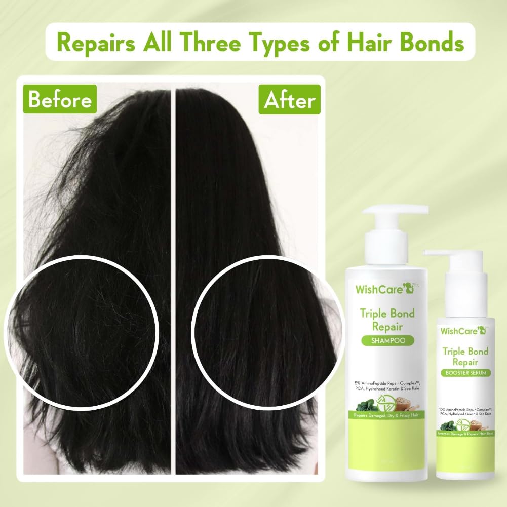 Before and after comparison of hair with WishCare Triple Bond Repair shampoo and conditioner.