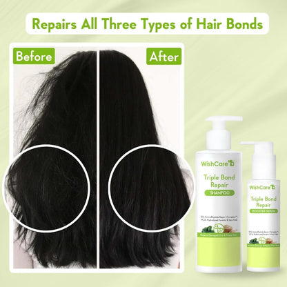 Before and after comparison of hair with WishCare Triple Bond Repair shampoo and conditioner.