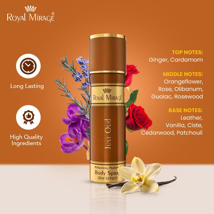 Royal Mirage body spray with floral elements and product details on an orange background