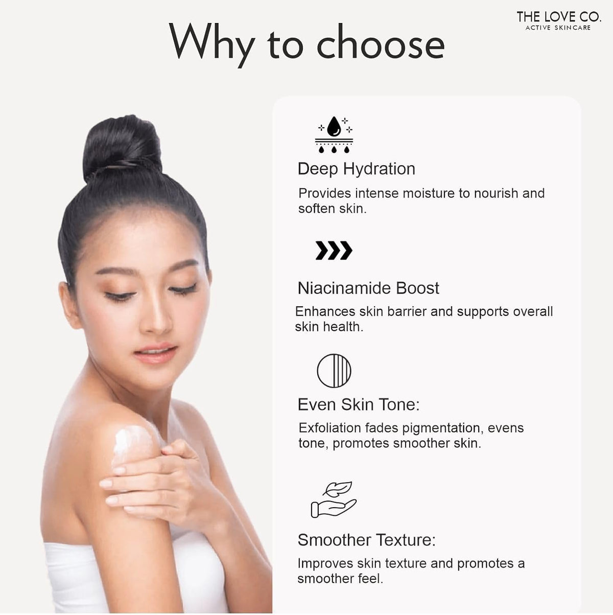 Woman applying skincare product with text on deep hydration, niacinamide boost, even skin tone, and smoother texture.