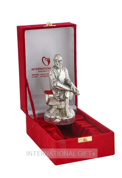 Silver Plated Sai Baba Idol (Murti) Oxidized Finish with Premium Velvet Gift Box for Gifting with 1 Year Warranty (16H x 7W x 5.5L Centimeters)