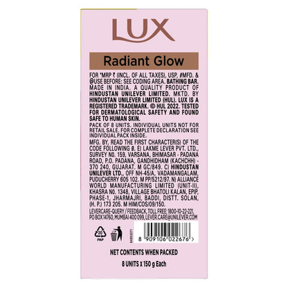 Lux Radiant Glow Bathing Soap infused with Vitamin C & E For Superior Glow Offer Pack of 8 x 150g