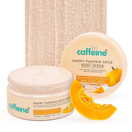 Caffeine Smoky Pumpkin Spice body scrub with a pumpkin slice on a white background
