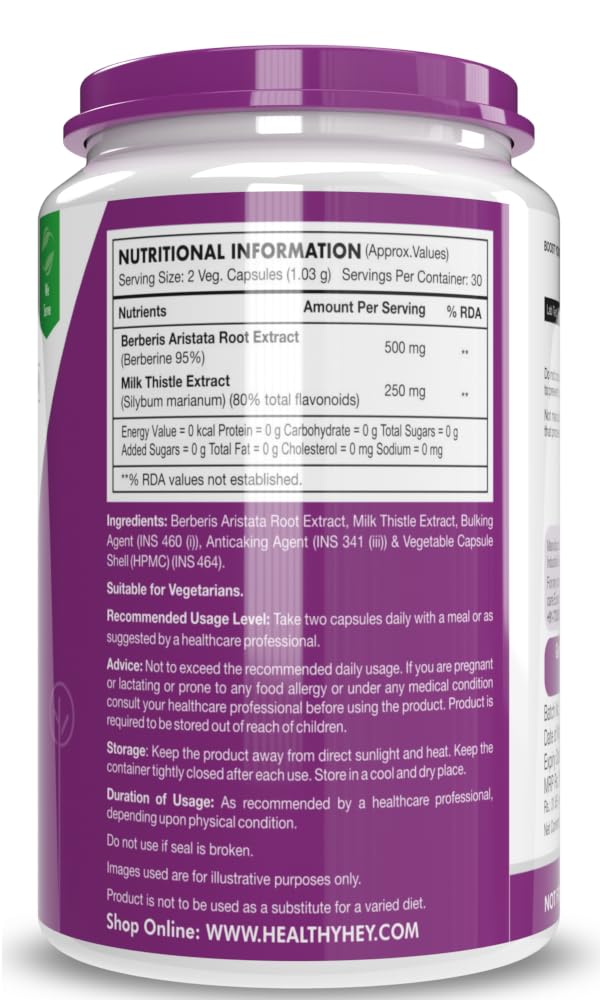 Zephivo HealthyHey Nutrition Berberis Berberine 95% with Milk Thistle Vegetable Capsules, 60 Count

