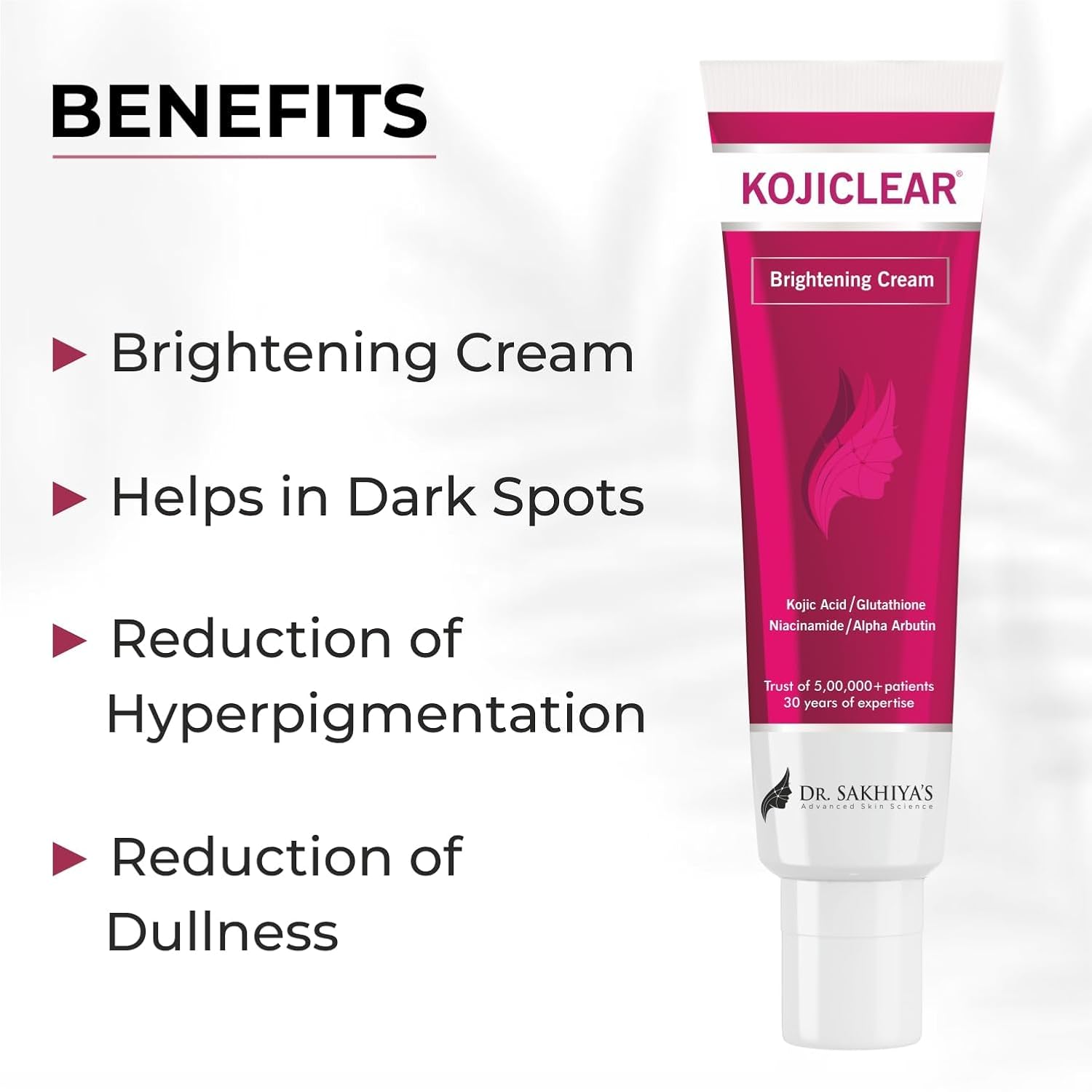 KOJICLEAR Brightening Cream tube with benefits listed on a white background